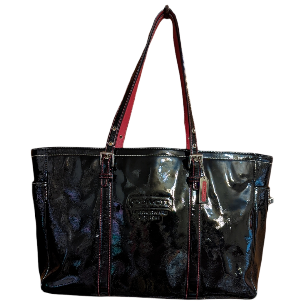 Nwot Coach Gallery 9789 Black Patent Leather Tote Hot Pink Interior/Stitch Htf
